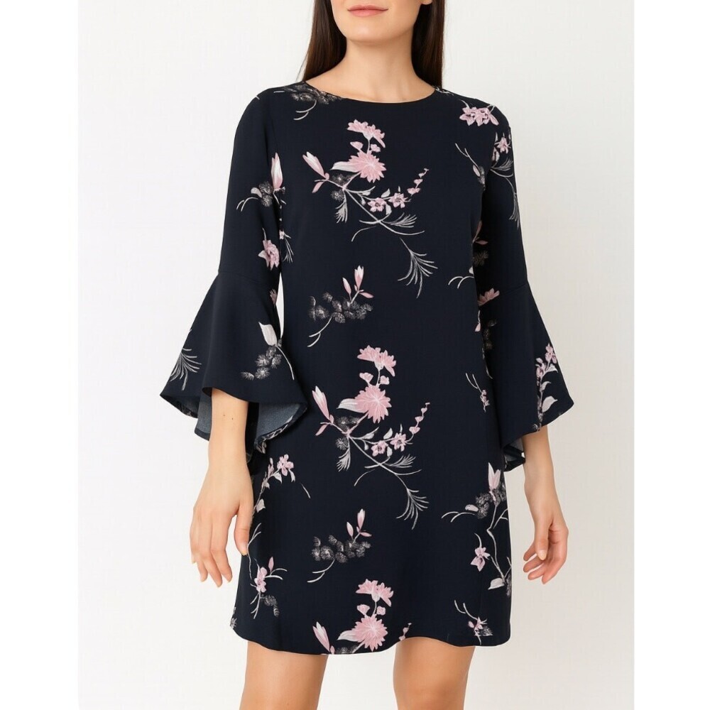 Leith brand black sheath dress floral print trumpet sleeve boxy fit SZ XS